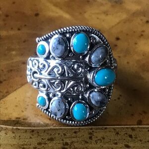 Sleeping Beauty Turquoise White Buffalo Sterling Silver Buckle Ring Size 6.25